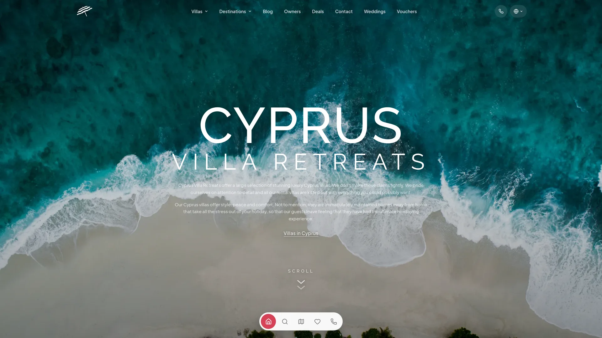 The booking website of a Cyprus villa rental operator: an aerial view of a Cyprus beach with the site's name across it