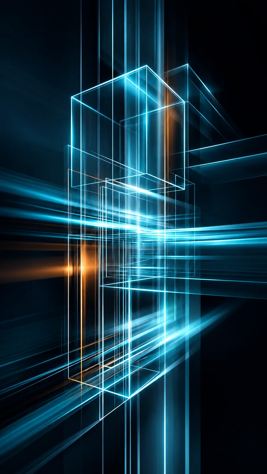 Translucent glass shapes lit in cyan