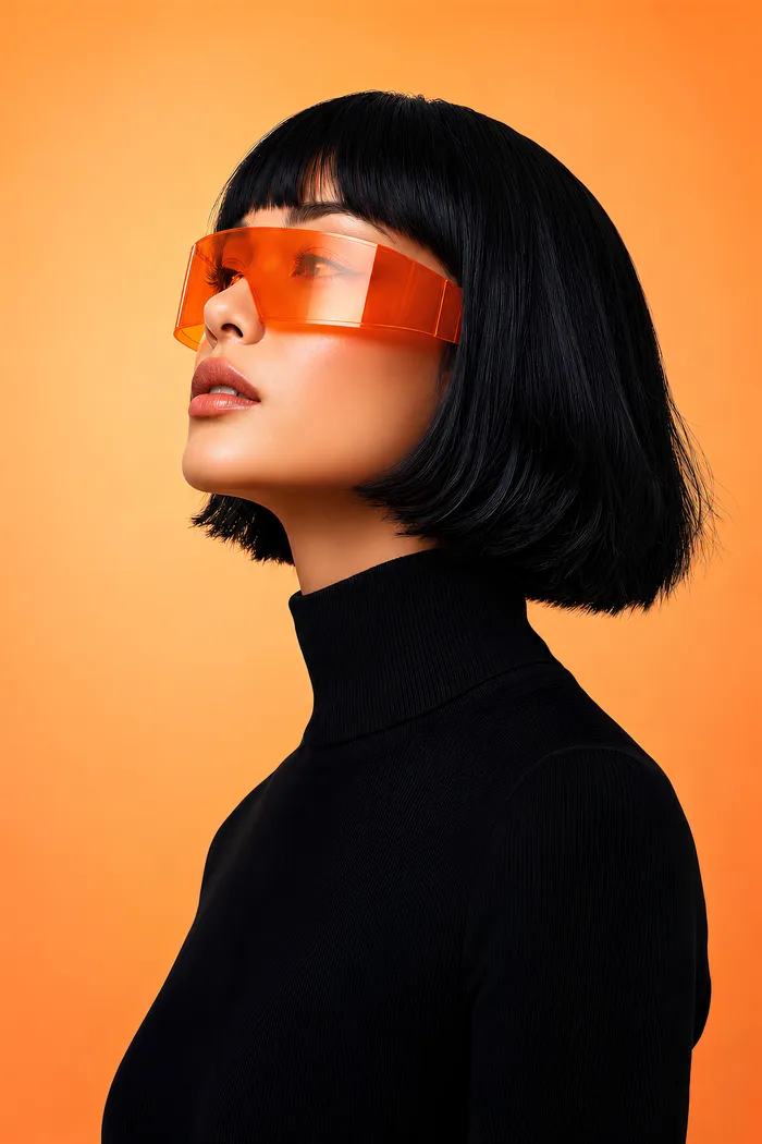 Portrait of a woman wearing an orange visor against a peach background